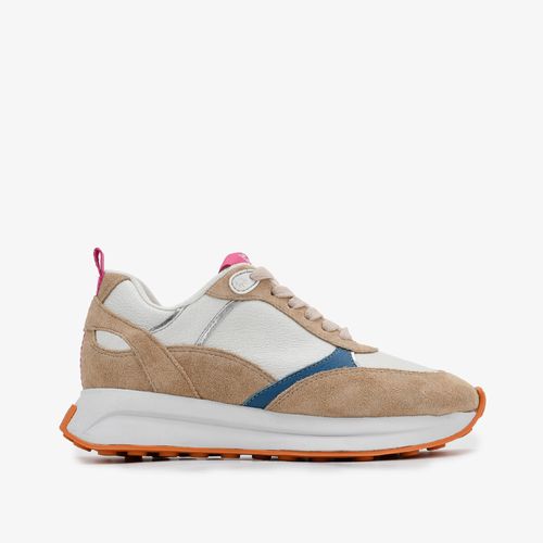 Tênis Jogger Branco Rosa Azul Camurça Couro