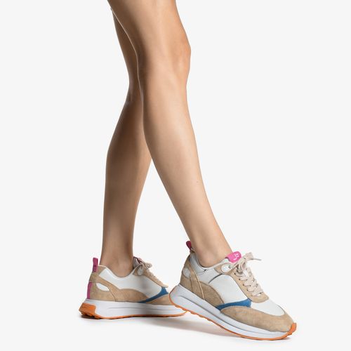 Tênis Jogger Branco Rosa Azul Camurça Couro