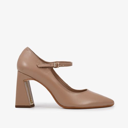 Scarpin Nude Cappuccino Salto Bloco Alto Couro Brilhoso