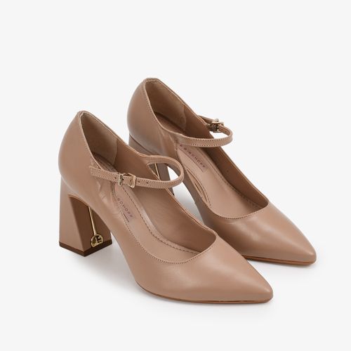 Scarpin Nude Cappuccino Salto Bloco Alto Couro Brilhoso