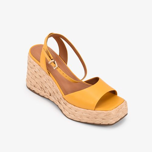 Sandália Anabela Amarelo Curry Cordas Couro