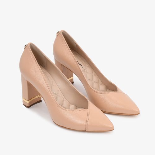 Scarpin Nude Salto Alto Mandala Couro Brilhoso