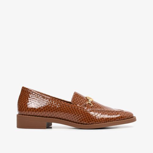 Loafer Caramelo Bridão Dourado Couro Texturizado Brilhoso