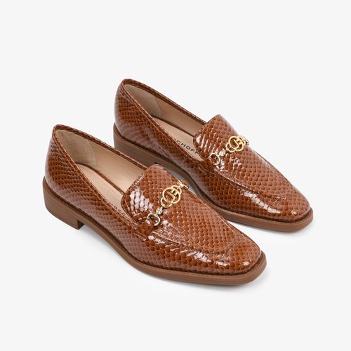 Loafer Caramelo Bridão Dourado Couro Texturizado Brilhoso