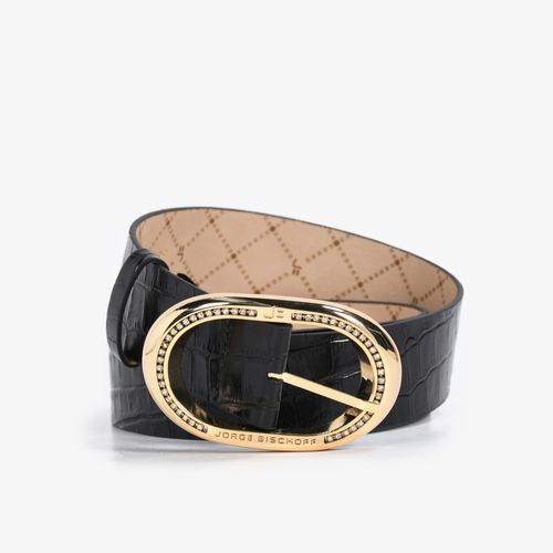 Cinto Preto Fivela Dourado Cristais Jb Couro Texturizado