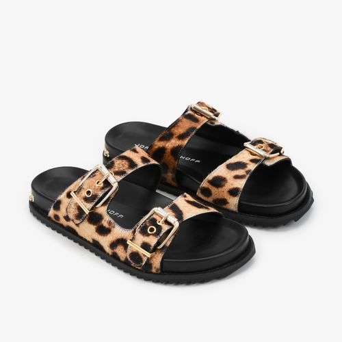 Slide Animal Print Fivelas Ilhóses Couro Pony
