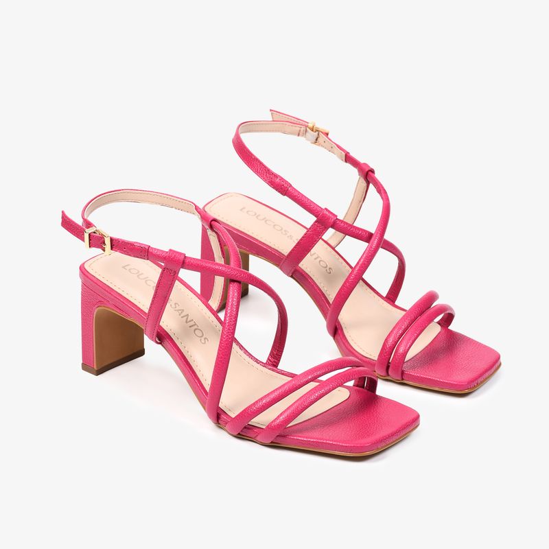 Sandália Rosa Tiras Salto Bloco Médio Couro