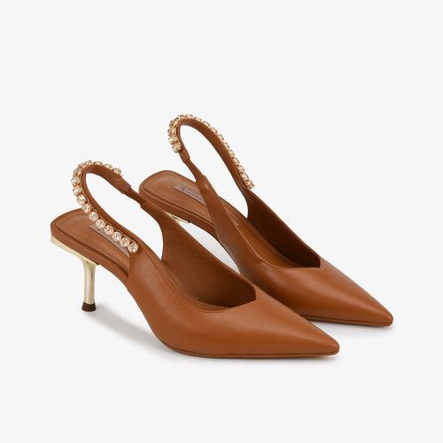 Slingback Caramelo Anis Pedrarias Couro Texturizado