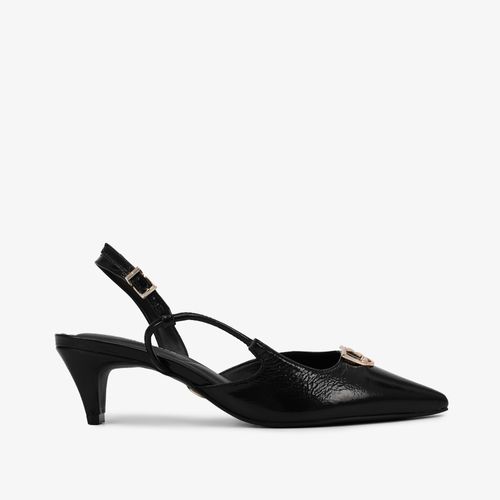 Slingback Preto Salto Bloco Baixo Couro Brilhoso