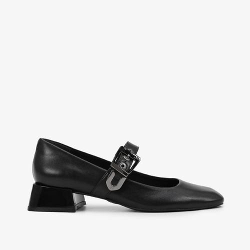 Scarpin Preto Salto Bloco Médio Couro