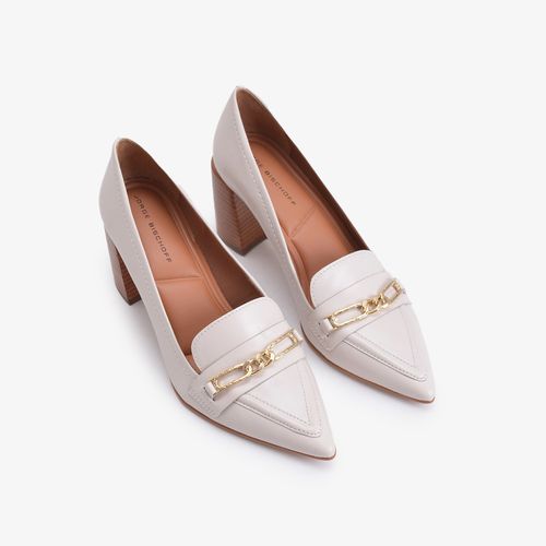 Scarpin Branco Blanc Salto Bloco Alto Couro