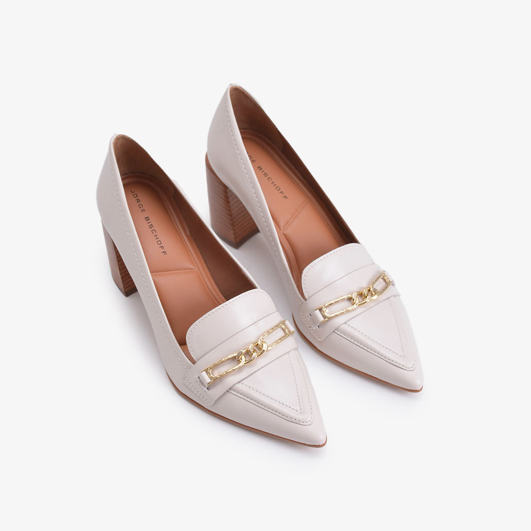 Scarpin Branco Blanc Salto Bloco Alto Couro Sapatos, Bolsas