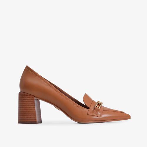 Scarpin Caramelo Licor Salto Bloco Alto Couro