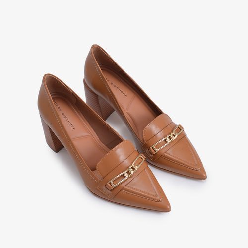Scarpin Caramelo Licor Salto Bloco Alto Couro