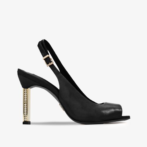 Sandália Peep Toe Preto Salto Alto Cristais Couro