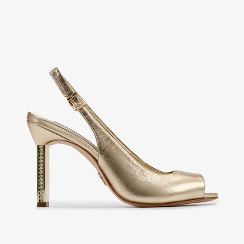 Scarpin Peep Toe Dourado Salto Alto Cristais Couro