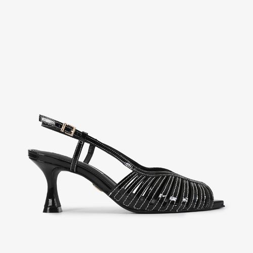 Sandália Preto Tiras Salto Fino Alto Couro