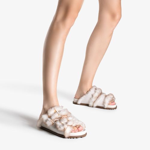 Slide Branco Blanc Fivelas Couro Plumas