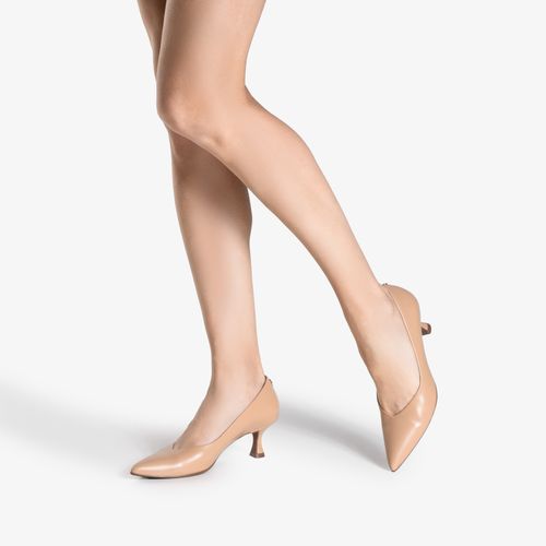 Scarpin Nude Linho Salto Fino Baixo Couro