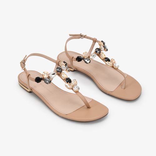 Sandália Rasteira Nude Linho Pedrarias Couro
