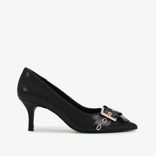 Scarpin Preto Salto Fino Médio Couro Texturizado