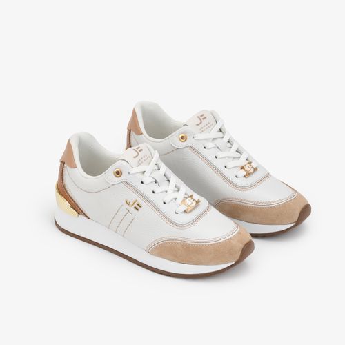 Tênis Jogger Branco Nude Linho Couro