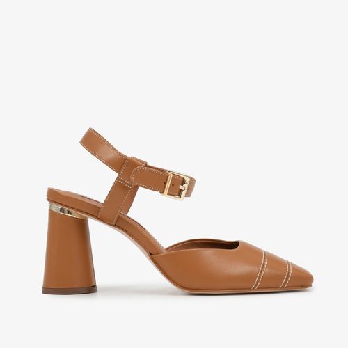 Slingback Caramelo Licor Salto Bloco Alto Couro