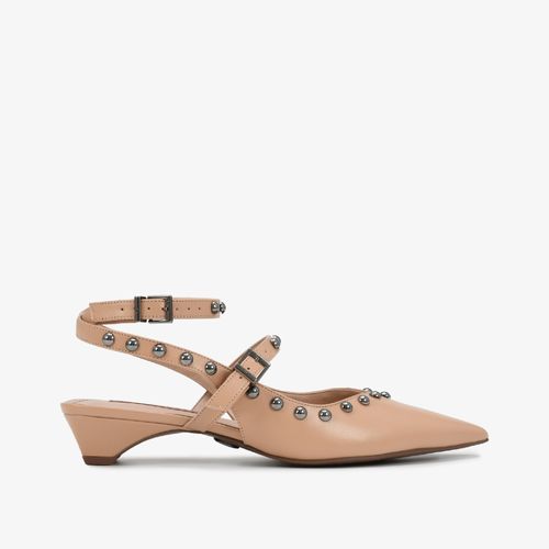 Slingback Nude Linho Tachas Grafite Couro