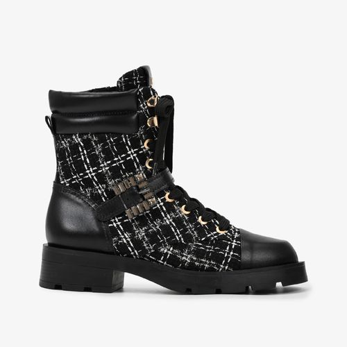 Bota Coturno Preto Cano Curto Tecido Tweed