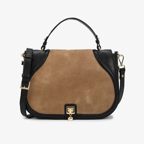 Bolsa Satchel Preto Couro Marrom Camurça