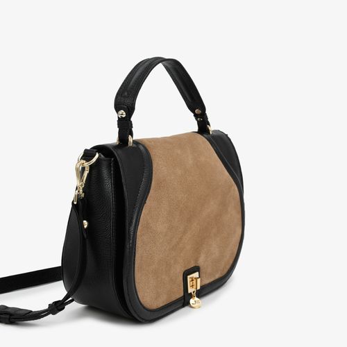 Bolsa Satchel Preto Couro Marrom Camurça