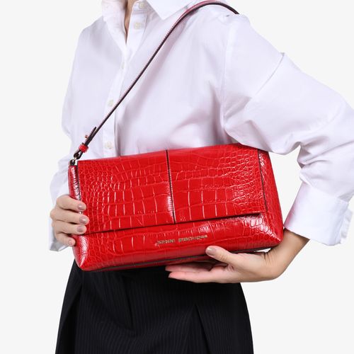 Bolsa De Ombro Vermelho Rubi Couro Crocco