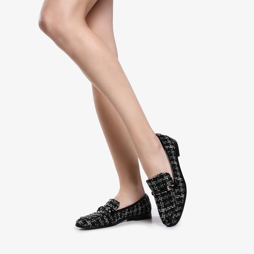 Loafer Preto Branco Tecido Tweed