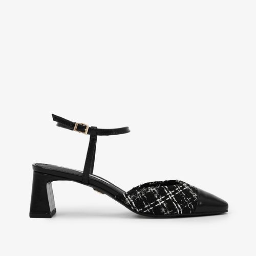 Slingback Preto Branco Blanc Tecido Couro