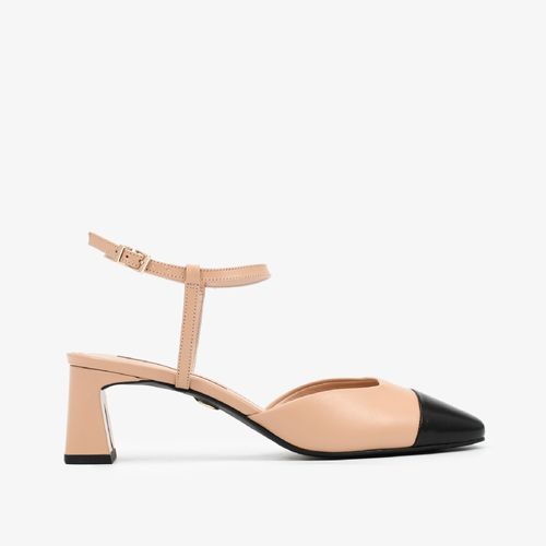 Slingback Nude Linho E Preto Couro