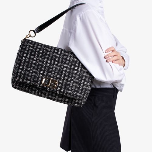 Bolsa De Ombro Preto Branco Tecido Tweed