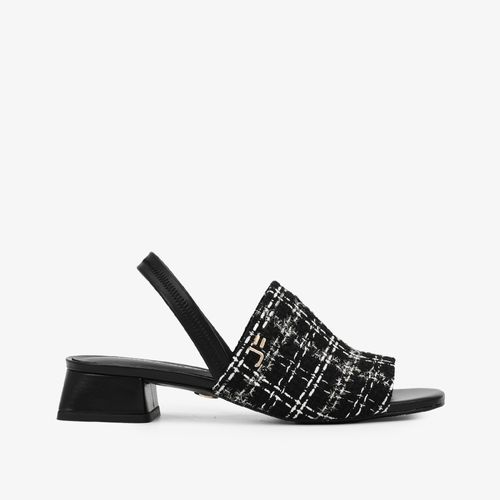 Sandália Salto Bloco Preto Branco Tecido Tweed