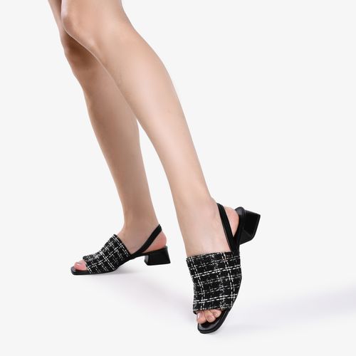 Sandália Salto Bloco Preto Branco Tecido Tweed