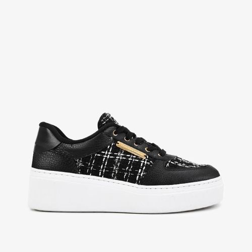 Tênis Preto Branco Tecido Tweed Couro
