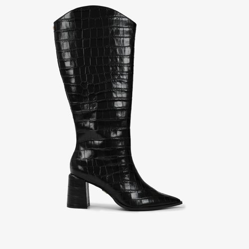 Bota Cano Alto Preto Couro Croco