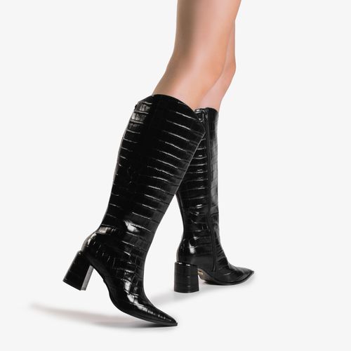 Bota Cano Alto Preto Couro Croco