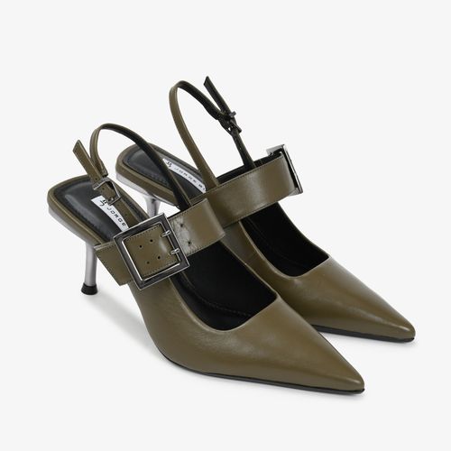 Slingback Salto Fino Verde Olive Couro