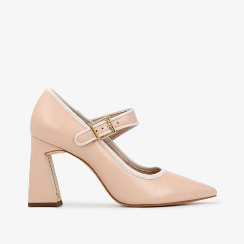 Scarpin Nude Salto Bloco Fivela Couro