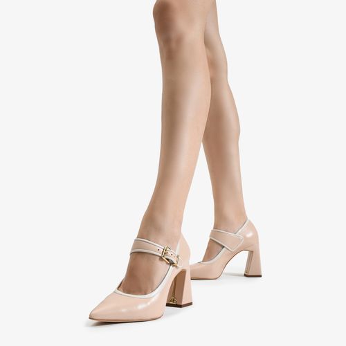Scarpin Nude Salto Bloco Fivela Couro
