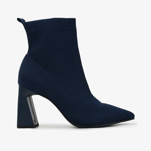 Bota Azul Marinho Salto Bloco Alto Knit