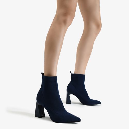 Bota Azul Marinho Salto Bloco Alto Knit