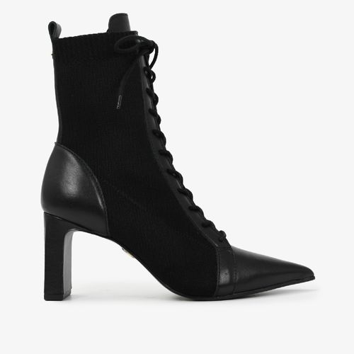 Bota Bico Fino Tecido Knit Couro Preto