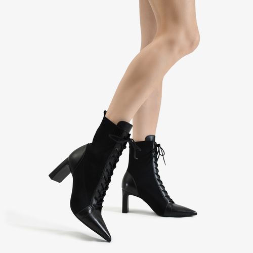 Bota Bico Fino Tecido Knit Couro Preto
