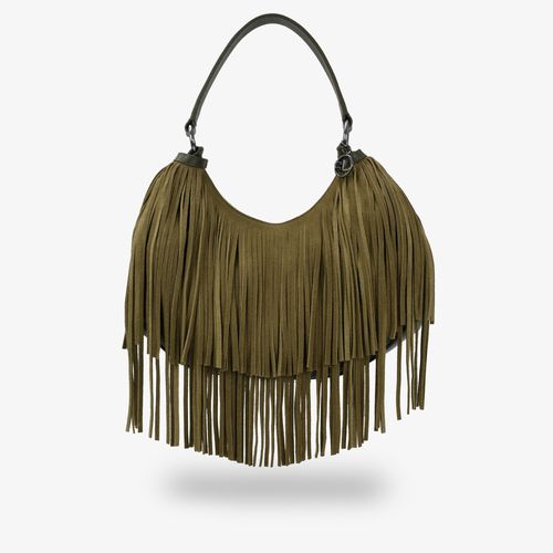Bolsa Hobo Franjas Verde Olive Couro
