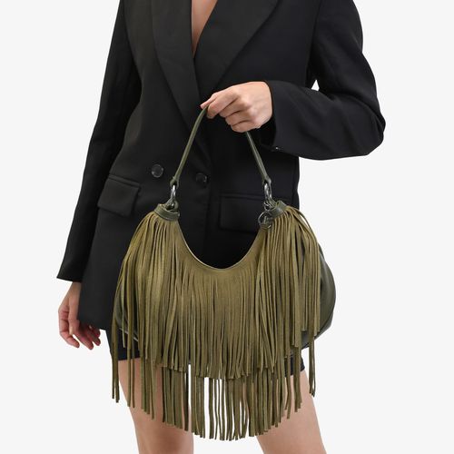 Bolsa Hobo Franjas Verde Olive Couro